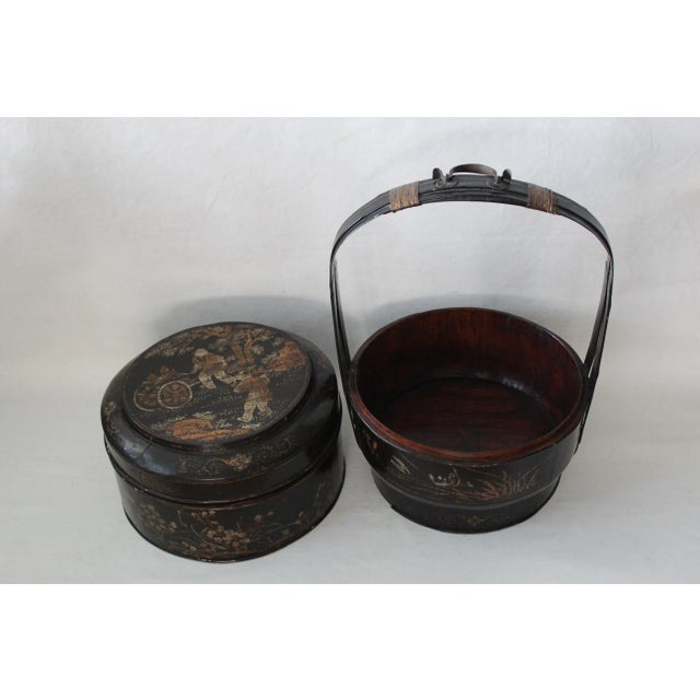 Vintage Chinoiserie Early 20th Century Large Painted Black Gold Bamboo Wood Wedding Basket For Sale - Image 10 of 12