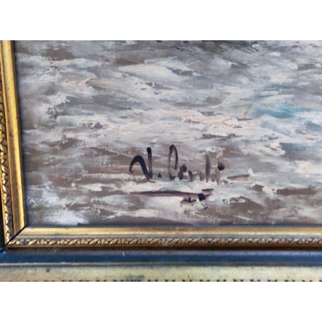 Realism Mid 20th Century Moonlit Coastal Harbor With Fishing Boats or Mediterranean Seascape at Dusk Original Oil Painting For Sale - Image 3 of 4