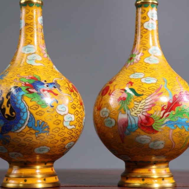 Late 19th Century Pair of Yellow Cloisonné Enamel Dragon and Phoenix Vases For Sale In Los Angeles - Image 6 of 9