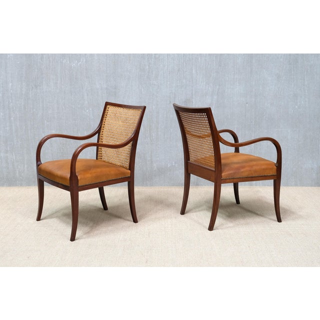 Armchairs in Mahogany, Cane, and Leather from Frits Henningsen, Denmark, 1931, Set of 2 For Sale - Image 3 of 16