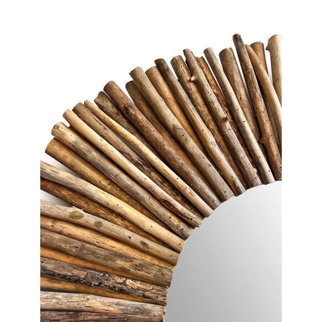 Coastal Vintage Large Driftwood Sun Wall Mirror For Sale - Image 3 of 3
