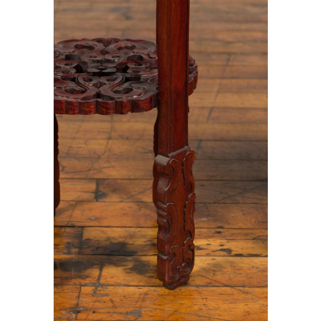 Antique Chinese Carved Round Stands with Painted Floral and Bird Décor - A Pair For Sale - Image 4 of 13