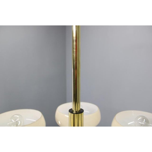 Metal Art Deco Brass Chandelier with Opaline Glass, Czechoslovakia, 1930s For Sale - Image 7 of 15