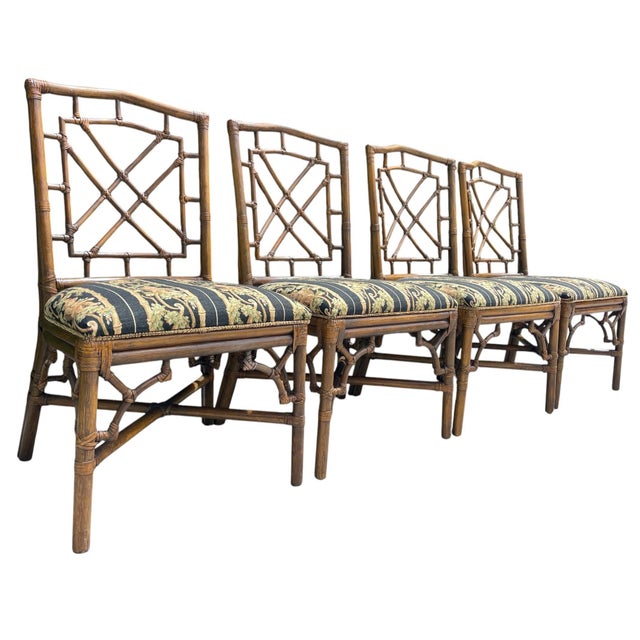 Chinoiserie Vintage Palm Beach Regency Fretwork Rattan Dining Chairs | Set of 4 For Sale - Image 3 of 12