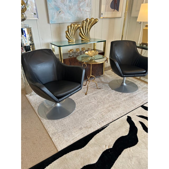 Vintage Danish Bolia Black Leather Swivel Club Chairs For Sale - Image 4 of 14