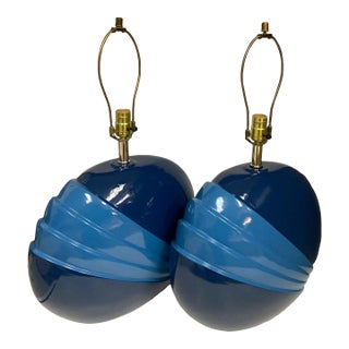 Pair of 80s Post Modernist Art Deco Style Blue Ceramic Oblong Table Lamps For Sale