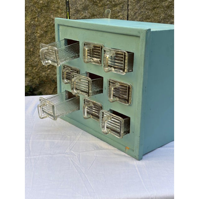 Small Wall Shelf in Turquoise Lacquered Wood with 9 Glass Bins, 1960s, Set of 10 For Sale - Image 4 of 11