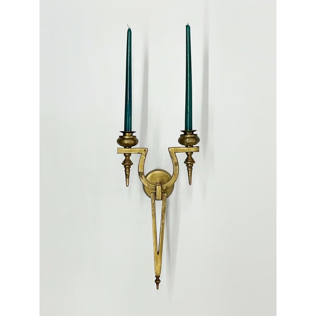 1980s Vintage Double Arm Brass Candle Wall Sconce For Sale - Image 5 of 7