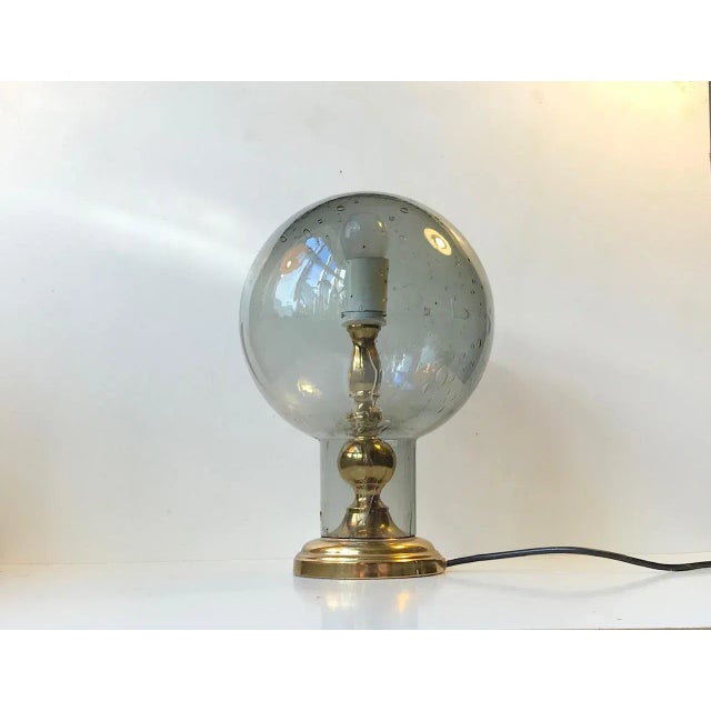 1970s Vintage Scandinavian Gray Glass and Brass Table Lamp, 1970s For Sale - Image 5 of 5