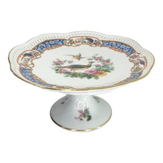 1950s Dresden Bavaria Porcelain Reticulated Compote Bird & Floral Motif For Sale