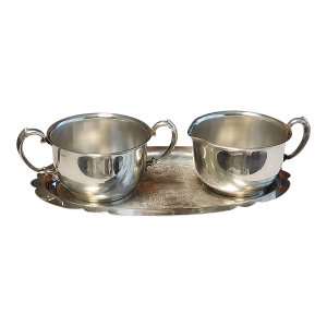 Mid 20th Century Sheridan Silver Company Silverplate Sugar Bowl Creamer and Tray Set