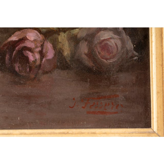 Dimensions without frame: 43.5 x 36 x 2 cm This evocative antique floral still life oil painting depicts a lush bouquet of...