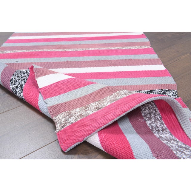 Vintage Turkish Hand-Knotted Wool Cotton Pink Kilim Runner Rug For Sale - Image 4 of 10