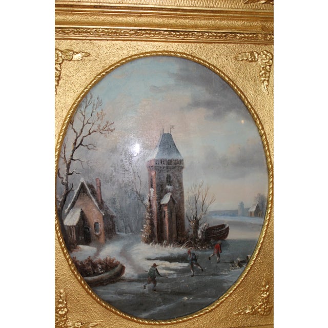 18th-Century Dutch Églomisé Painting – Reverse Glass Art With Gilding | 21x24 Inches | Framed – Winter Landscape – 21"x24" – Ornate Gilded Frame For Sale - Image 4 of 9