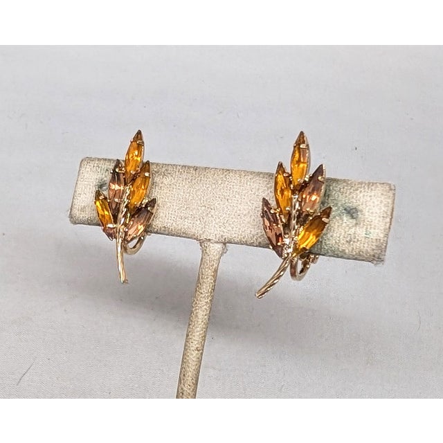 Napier Vintage 1960s Signed Napier Faux-Topaz & Faux-Citrine Leaf Clip Earrings - 2 Pieces For Sale - Image 4 of 9