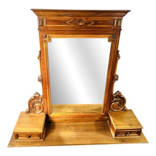 Art Nouveau French Walnut-Colored Wall-Mounted Dressing Table with Mirror, 1900 For Sale