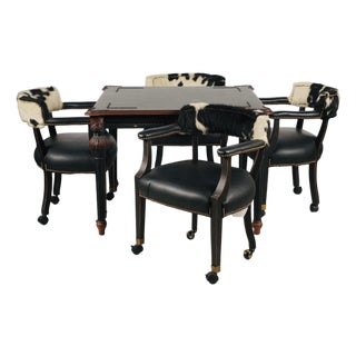Late 20th Century Hooker Furniture Ebonized Leather Games Table & Four Cowhide Armchairs For Sale