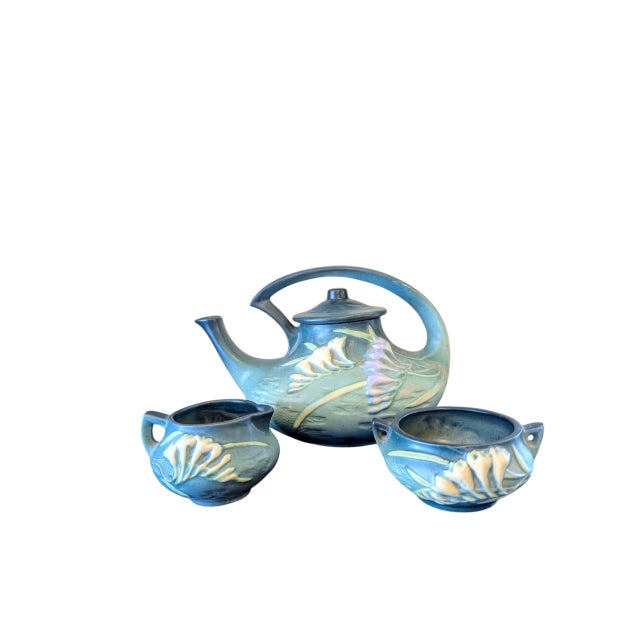 Gorgeous old Roseville Pottery teaset circa 1940s. This Roseville Pottery tea set is in near-perfect condition. Green...