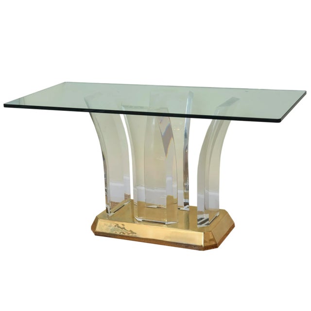 Gold Vintage Karl Springer Gold Plated Over Brass and Arched Lucite and Glass Console Table For Sale - Image 8 of 12