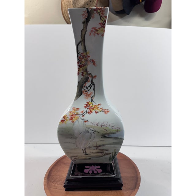 White Tall Ming Village Four-Sided Hand-Painted Chinese Porcelain Crane & Blossom Vase, 21" For Sale - Image 8 of 18