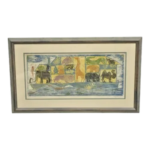 Vintage Helen Siegl "Noah's Ark" 1958 Woodcut Print Framed Mid Century Art
