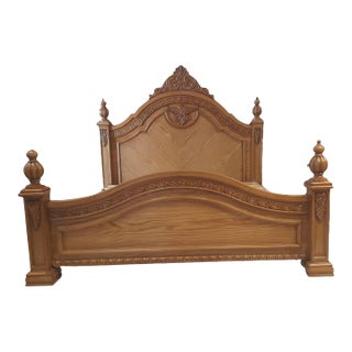 New European Classical / Baroque Revival Ornate Hand-Carved Solid Wood King Bed With Decorative Finials For Sale