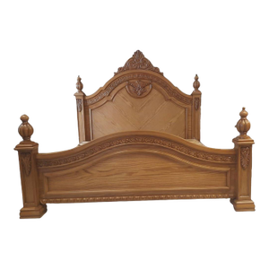 New European Classical / Baroque Revival Ornate Hand-Carved Solid Wood King Bed With Decorative Finials