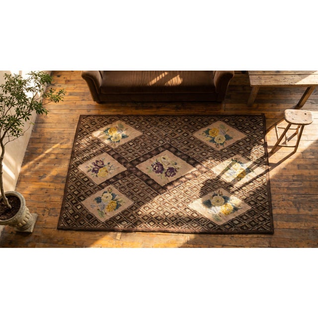 Textile 1920s Brown Medallion Folk Art Antique American Hooked Rug 4'2" X 8'7" Handknotted Wool Carpet For Sale - Image 7 of 7