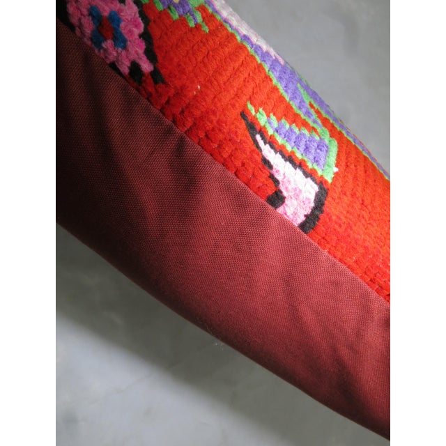 Mid 20th Century Vibrant Red and Blue Large Vintage Turkish Bolster Size Rug Pillow For Sale - Image 5 of 5