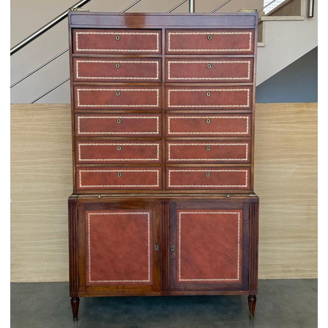 Early 20th Century Chippendale Style Orange Tooled Leather Commode Chest of Drawers, Desk For Sale - Image 17 of 18