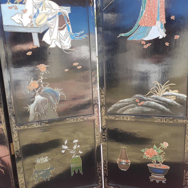 Vintage Chinese Black Lacquer 4-Panel Folding Screen, Hand-Painted Chinoiserie Room Divider For Sale - Image 9 of 10