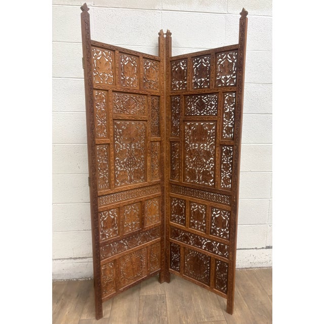 Vintage Hand Carved Two Panel Teak Room Divider Folding Screen For Sale - Image 10 of 14
