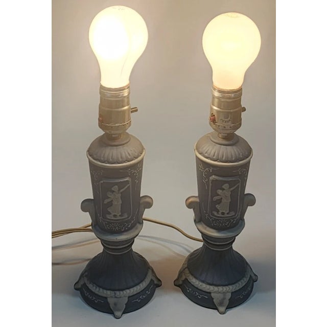 Rare and beautiful set of two Wedgwood blue Jasperware lamps marked Made in Occupied Japan, dating to the post-WWII era...