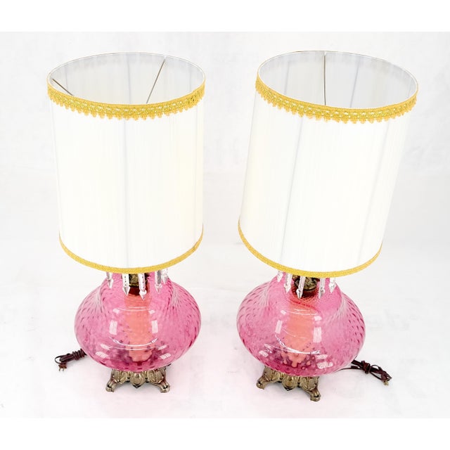Pair of Large Cranberry Glass Crystal Decorated Table Lamps MINT! For Sale - Image 14 of 15