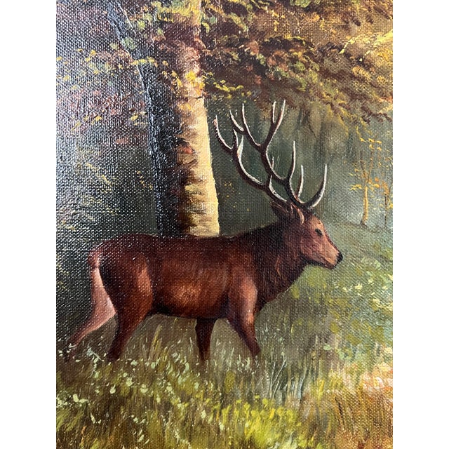 Mid 20th Century Vintage C1965 Scenic Deer and Forest Landscape by W. Kretzschmann With Burlwood Frame For Sale - Image 5 of 12