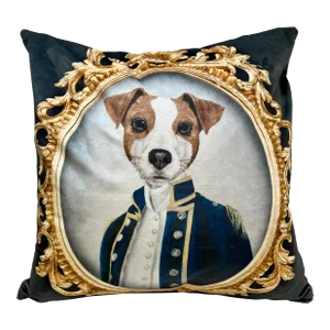 16" Square Decorative Throw Pillow With a Whimsical Portrait of a Jack Russel Dog Appearing as a Naval Admiral - Made in the U K
