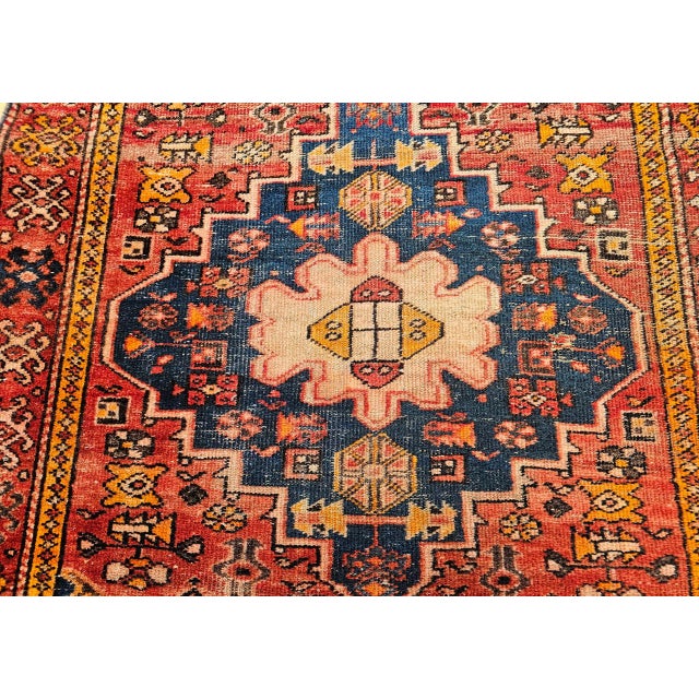 Vintage Persian Malayer Area Rug, Hand-Knotted Wool, Geometric Tribal Pattern, 4x6, Red & Blue For Sale - Image 14 of 16