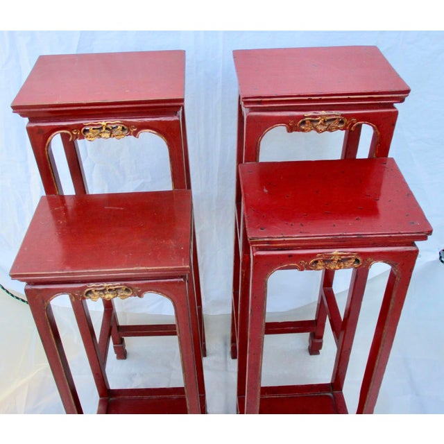 Chinese Red Lacquer Tall Plant Tables - A Pair of 2 For Sale - Image 14 of 17