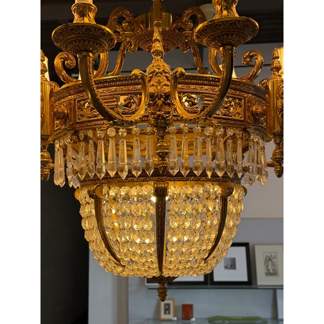 Beaux-Arts Antique Beaux Arts Bronze Crystal Basket 16 Light Chandelier Rewired For Sale - Image 3 of 15
