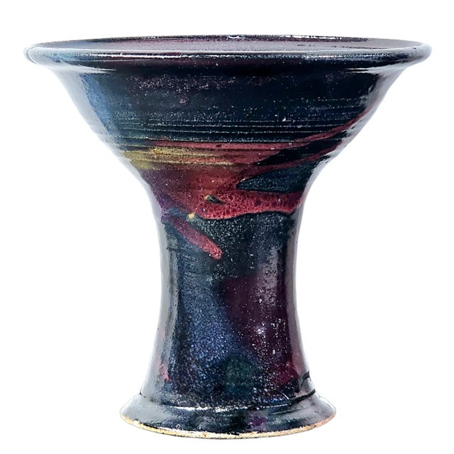Studio Art Pottery Pedestal Bowl With Layered Drip Glaze in Violet and Burgundy, Signed For Sale In San Francisco - Image 6 of 12
