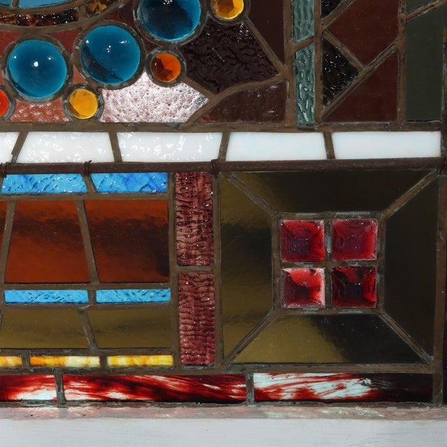 Antique Aesthetic Stained & Jeweled Leaded Glass Window With Stylized Globe For Sale - Image 10 of 16