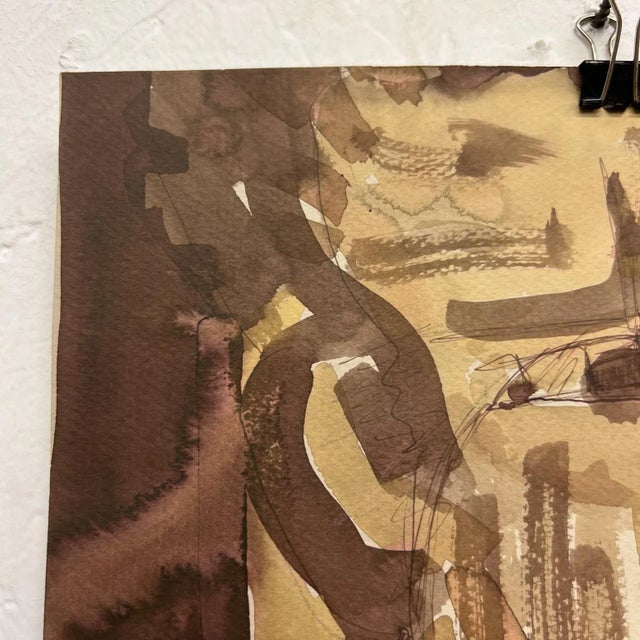 Stylized Brown Portrait Watercolor, Signed Circa 1967, 10.5x17 Inches For Sale - Image 4 of 9