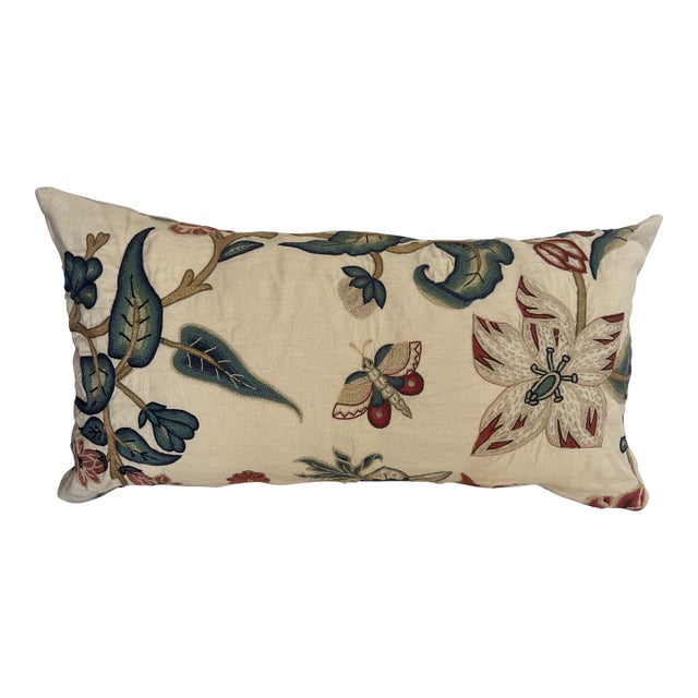 Chelsea Textiles Hand Embroidered Lumbar Pillow With Butterflies For Sale