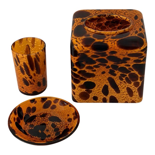 1990s Labrazel Tortoise Murano Glass Tissue Cover, Tumbler & Soap Dish, Italy, Set of 3 For Sale