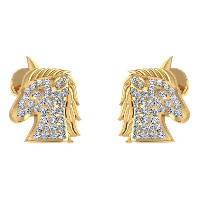10K Yellow Gold Round Diamond Horse Animal Designer Stud Earrings, 1/5 Cttw, A Pair For Sale