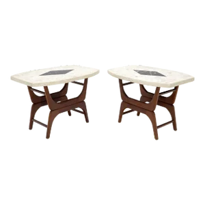 Mid 20th Century Pair of Inlaid Terrazzo Boat Shape Tops Walnut Bases End Side Tables