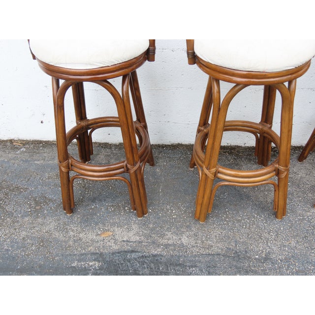 Hollywood Regency Bamboo Rattan Swivel Barstools a Set of Four 6367 For Sale - Image 11 of 18