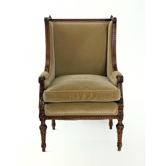 Wood Vintage French Louis XVI-Style Bergère Armchair in Camel Velvet For Sale - Image 7 of 12