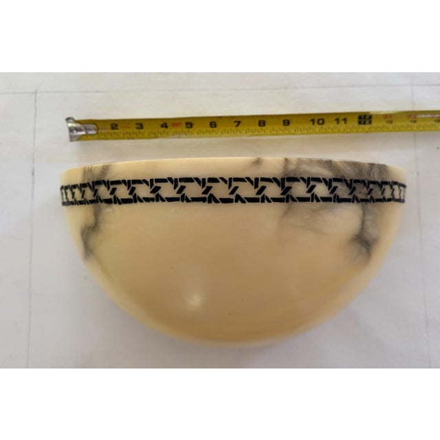 6 Vintage Alabaster Sconces. 13" x 6" x 6" with black etched pattern along opening. Custom manufactured by The Basic...