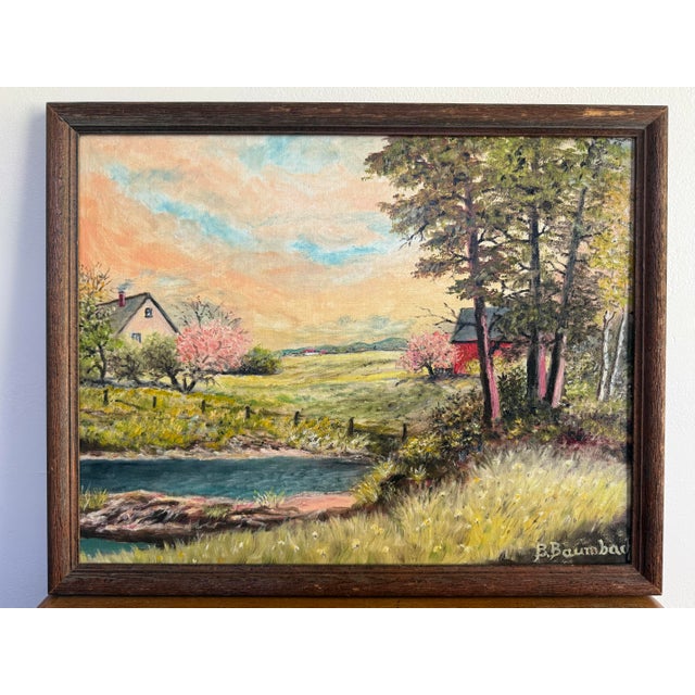 Green 1960s Original Framed Idyllic Landscape Oil Painting by B. Baumbach For Sale - Image 8 of 8